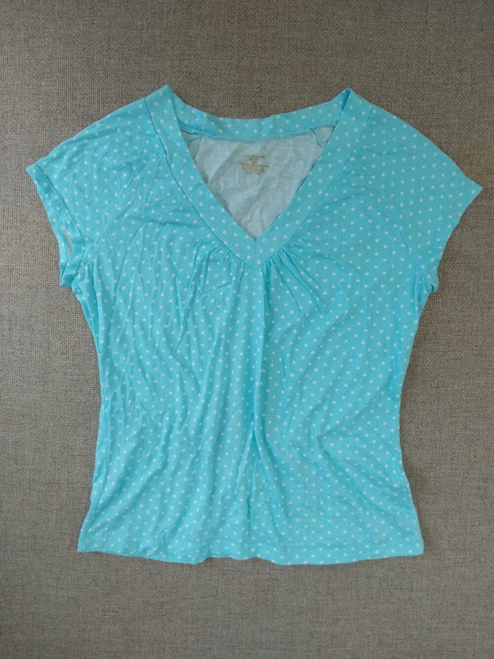 Jones New York Signature Turquoise Blue Polka Dot V-Neck Top Size Medium
